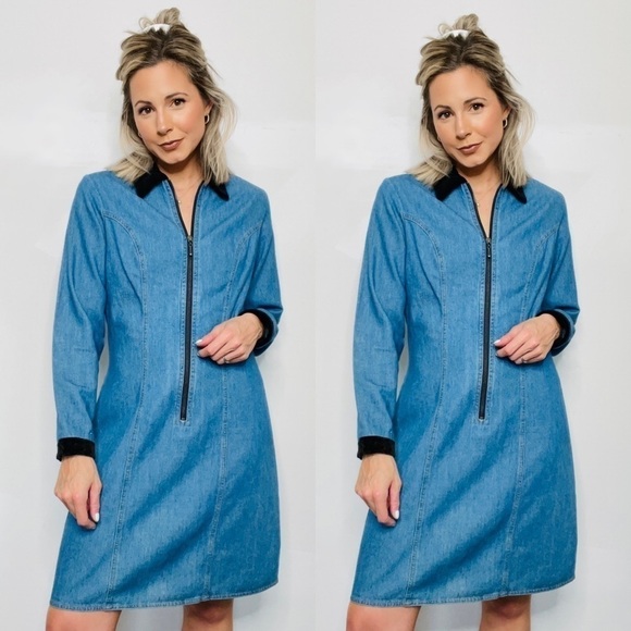 VINTAGE | Denim Long Sleeve Velvet Trim Zip-Up Sheath Jean Jumper Dress - Picture 1 of 8